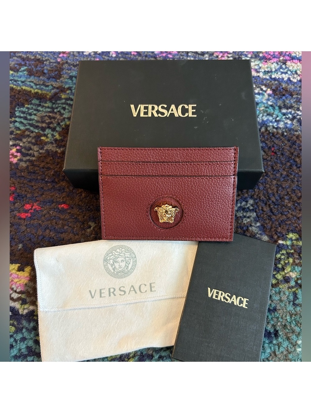 Versace Deep Rust Leather with Gold Medusa Card Holder NEW